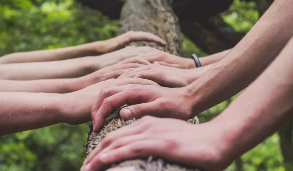 Gruppentherapie – Gruppe von Menschen hält sich an den Händen